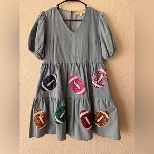 Peach Love California Mini Denim-like Dress with Sequin Footballs